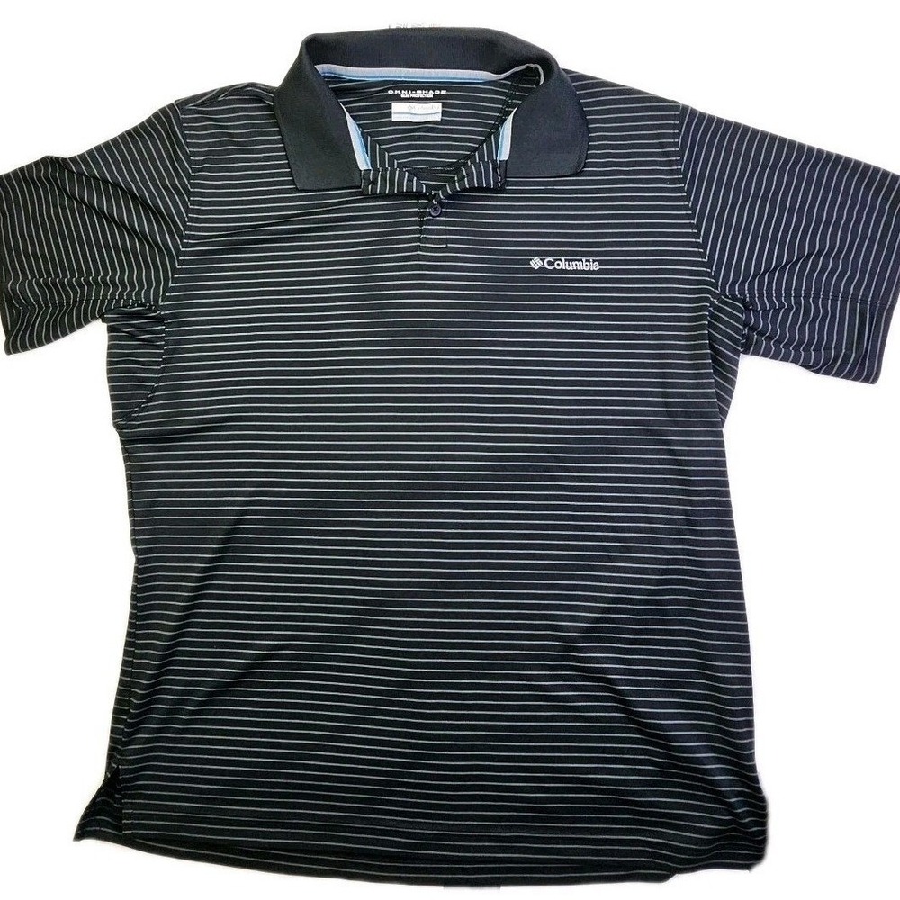 Columbia Mens Omni-Shade Striped Polo Shirt Black Grey XL Short Sleeve